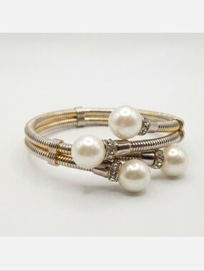 Vintage Faux Pearl Gas Pipe Bypass Bangle Bracelet Rhinestone Accents Gold Tone